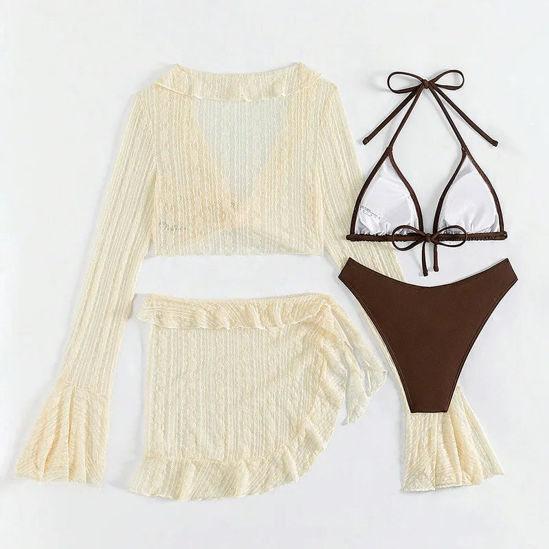 Bikini Feminino Sexy 4 Peças com Manga Comprida – Verão 2026