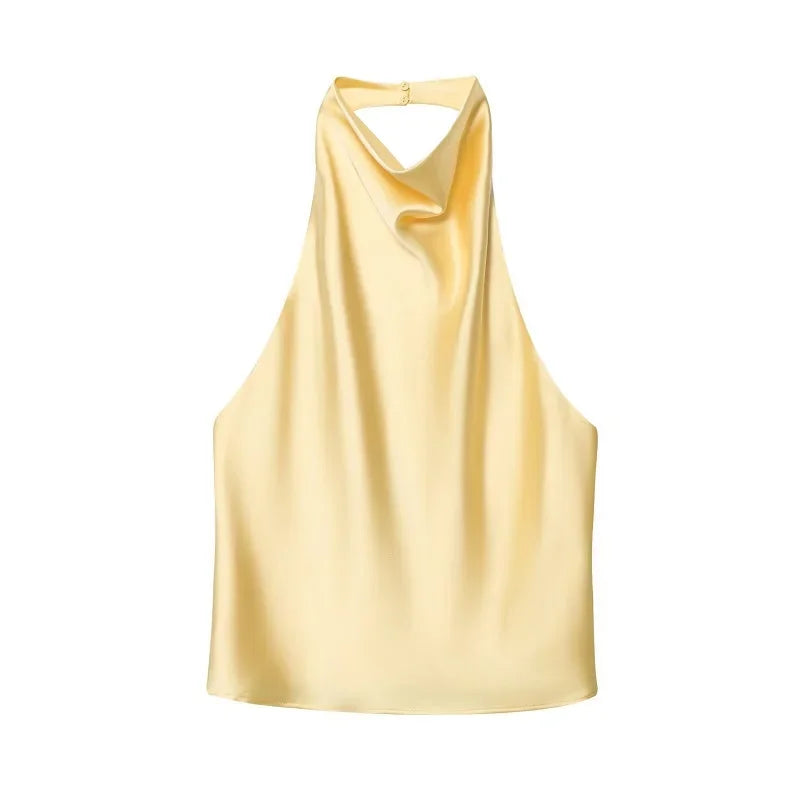 Top feminino estilo halter em cetim, costas abertas,