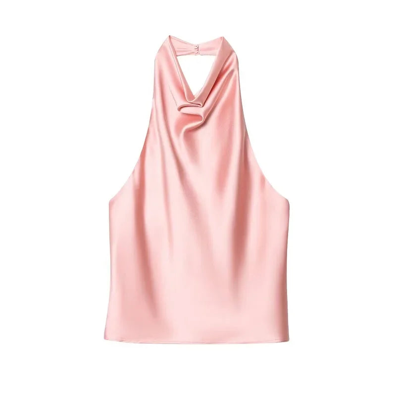 Top feminino estilo halter em cetim, costas abertas,
