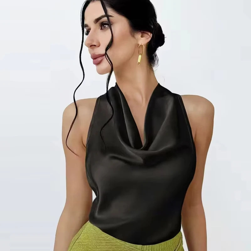 Top feminino estilo halter em cetim, costas abertas,