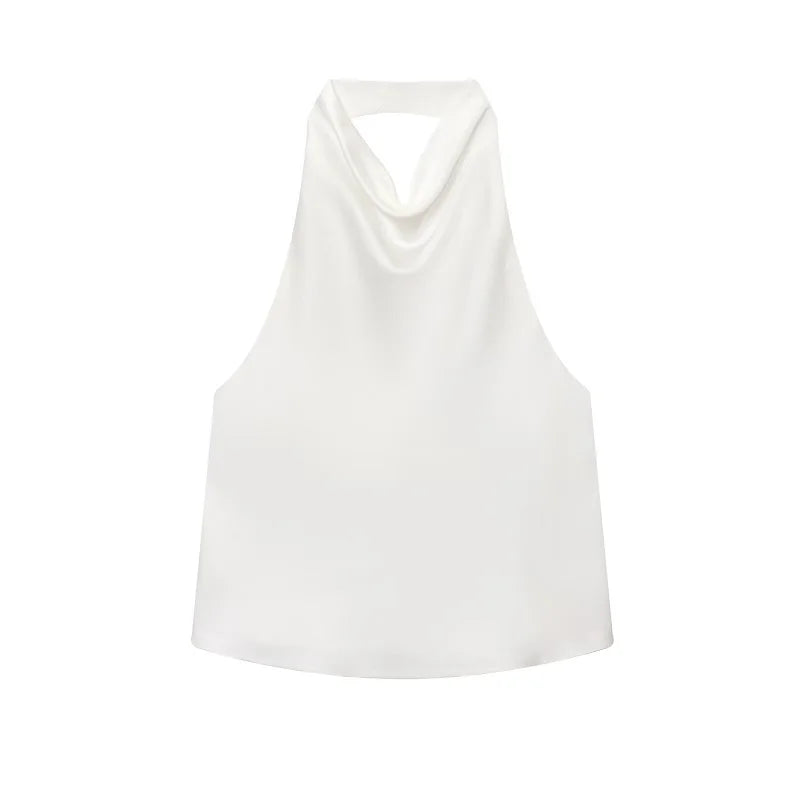 Top feminino estilo halter em cetim, costas abertas,