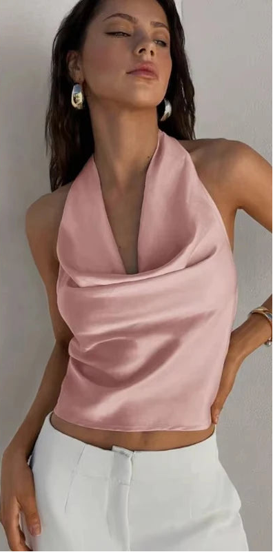 Top feminino estilo halter em cetim, costas abertas,