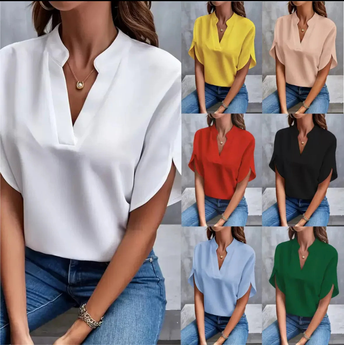 VEITCHE Summer Women Casual Solid Blouse Women Fashion V-neck Half Sleeve Shirts Office Elegant Pullover Loose Blusas Tops