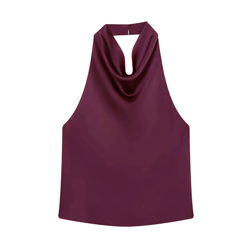 Top feminino estilo halter em cetim, costas abertas,