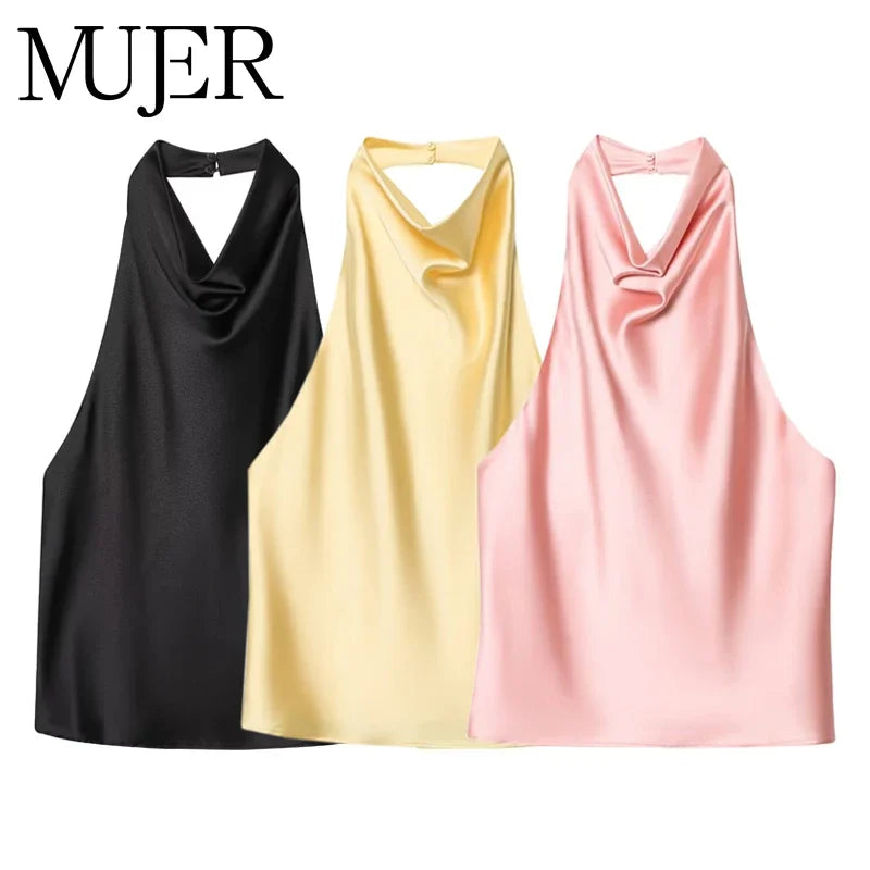 Top feminino estilo halter em cetim, costas abertas,
