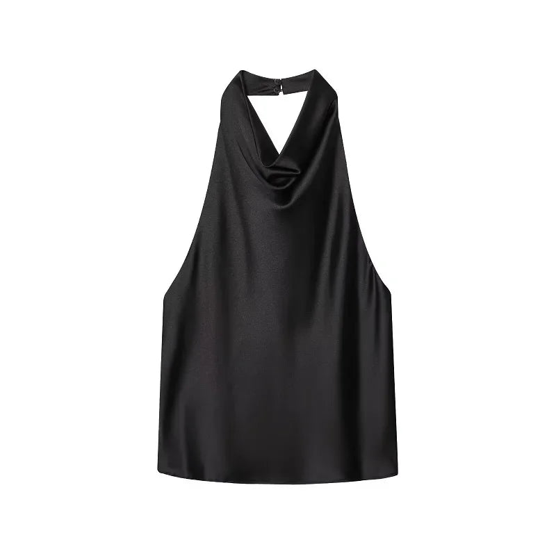 Top feminino estilo halter em cetim, costas abertas,