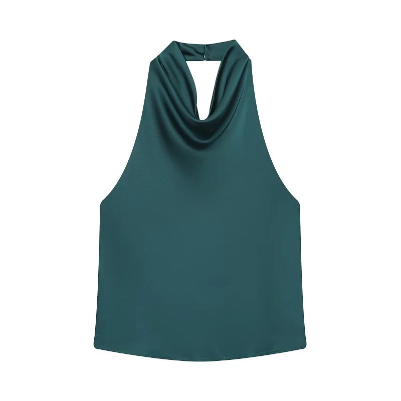 Top feminino estilo halter em cetim, costas abertas,