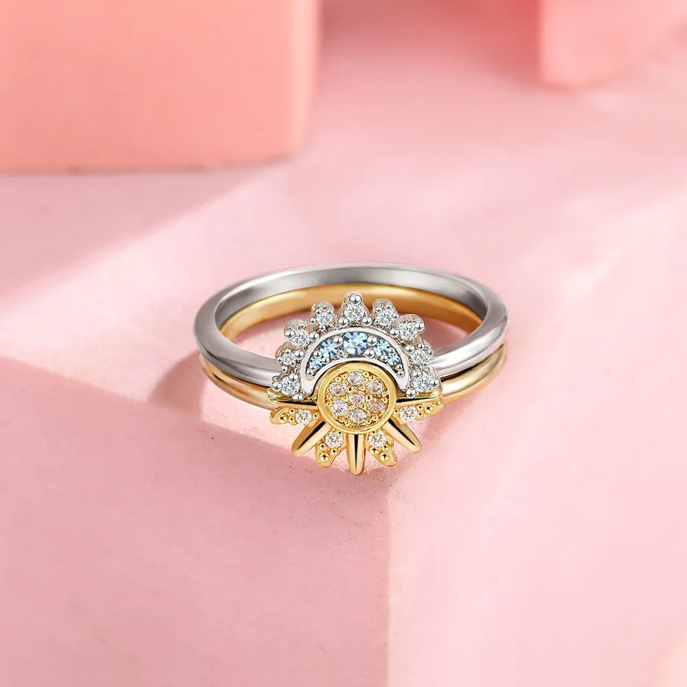 Anel em Prata Lei 925 com Zircônia – Design Lua e Sol Romântico - Joia  Elegante