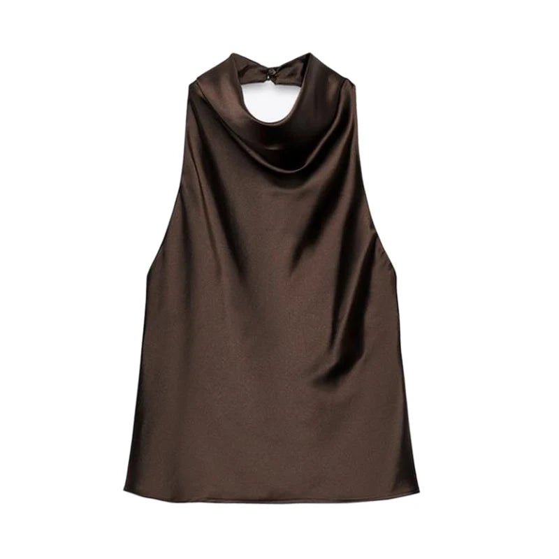 Top feminino estilo halter em cetim, costas abertas,