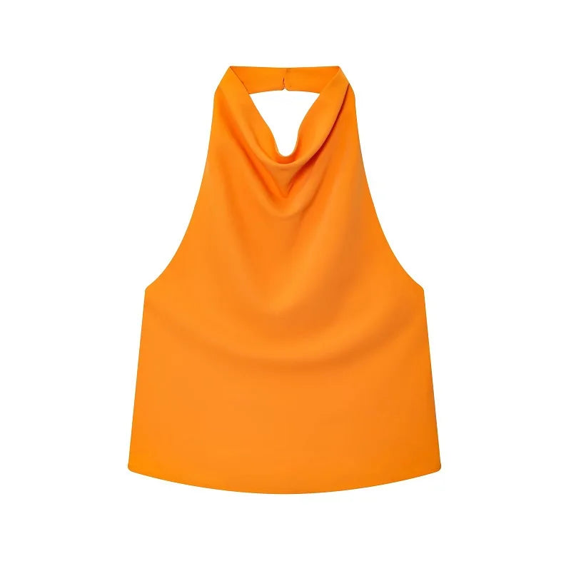 Top feminino estilo halter em cetim, costas abertas,