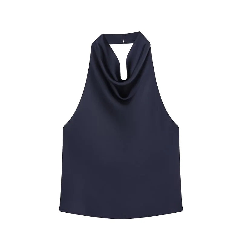 Top feminino estilo halter em cetim, costas abertas,