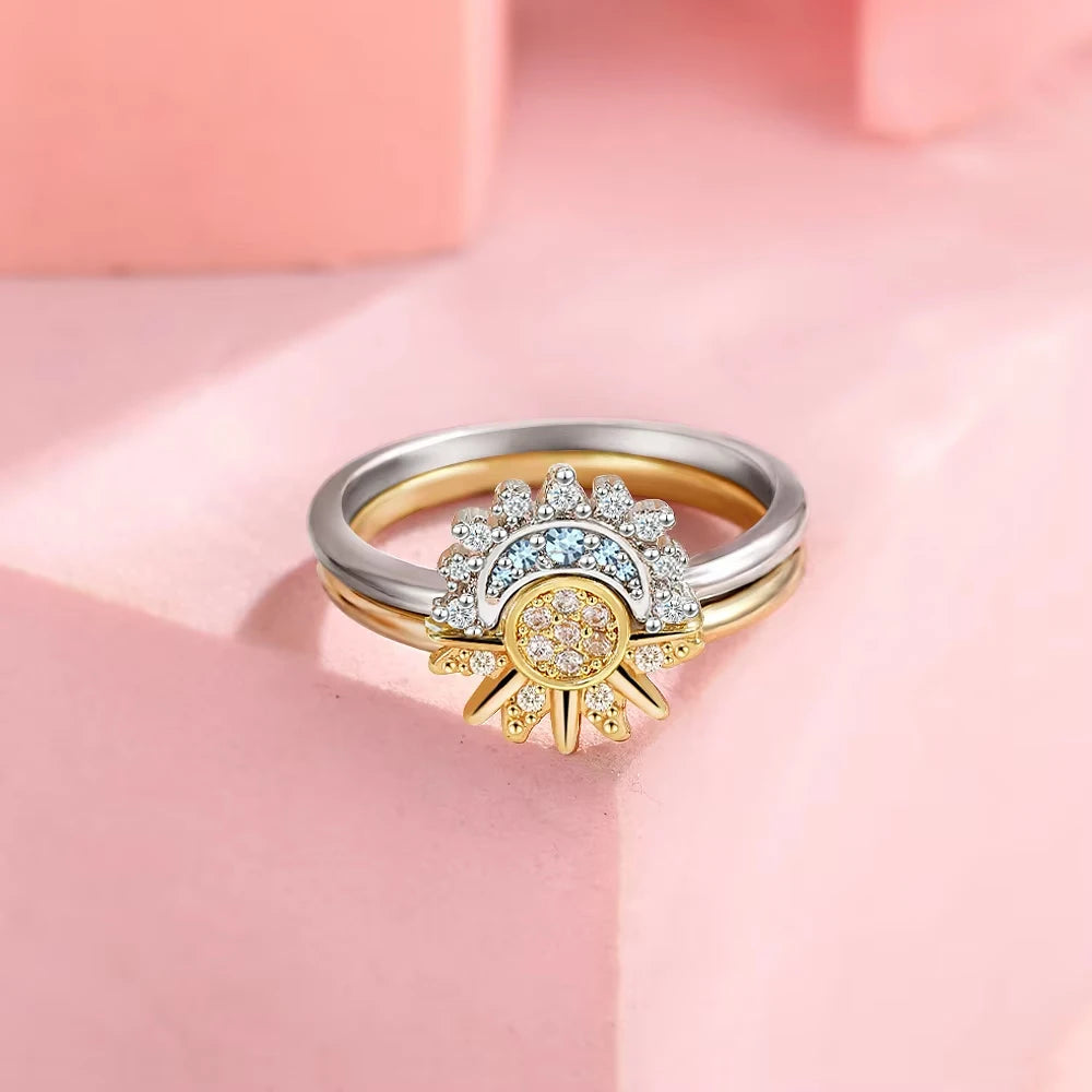 Anel em Prata Lei 925 com Zircônia – Design Lua e Sol Romântico - Joia  Elegante